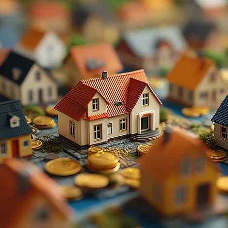 Foto eines Modellhauses in einer Wohnsiedlung.