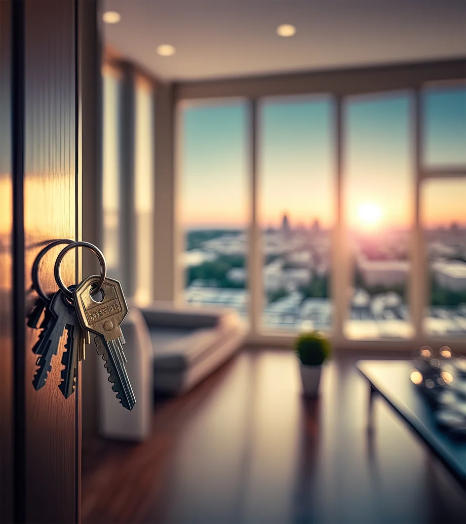 Foto einer geöffneten Tür, wo der Schlüssel steckt - man sieht ins innere einer möblierten Wohnung und auf eine Glasfront, wo die Abendsonne hinein scheint.